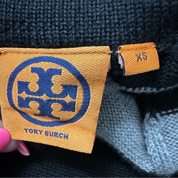 Tory Burch Merino Wool Knit Tunic Sweater Dress SZ XSmall Black Grey Stripes EUC - Picture 2 of 9